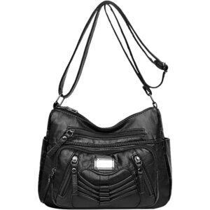 Women's Black Soft Pu Leather Multi-pocket Shoulder Bag Medium Cross-body Purse
